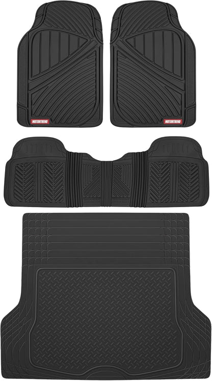 Motor Trend FlexTough Performance All Weather Rubber Car Mats with Cargo Liner - Full Set Front & Rear Floor Mats for Cars Truck SUV, Automotive Floor Mats (Black)