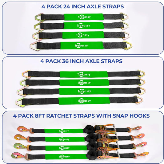 Trekassy Car Tie Down Straps for Trailers with Snap Hooks, Ratchet Straps for Car, Truck, UTV & More, 10000 lb Break Strength, Includes (8) Axle Straps
