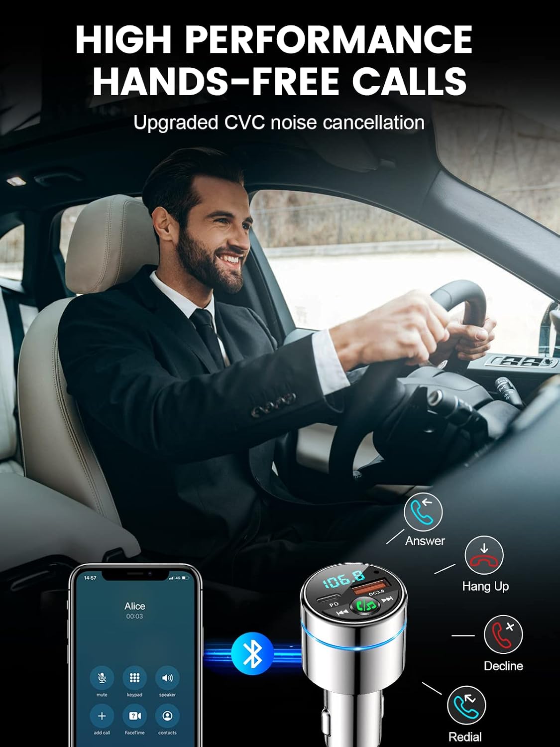 RIWUSI FM Transmitter for Car Bluetooth 5.3, [All-Metal] PD 30W & QC3.0 18W Fast Car Charger, Wireless FM Radio Kit Bluetooth Car Adapter, Noise Cancelling Hands-Free Call, Blue Light - Black