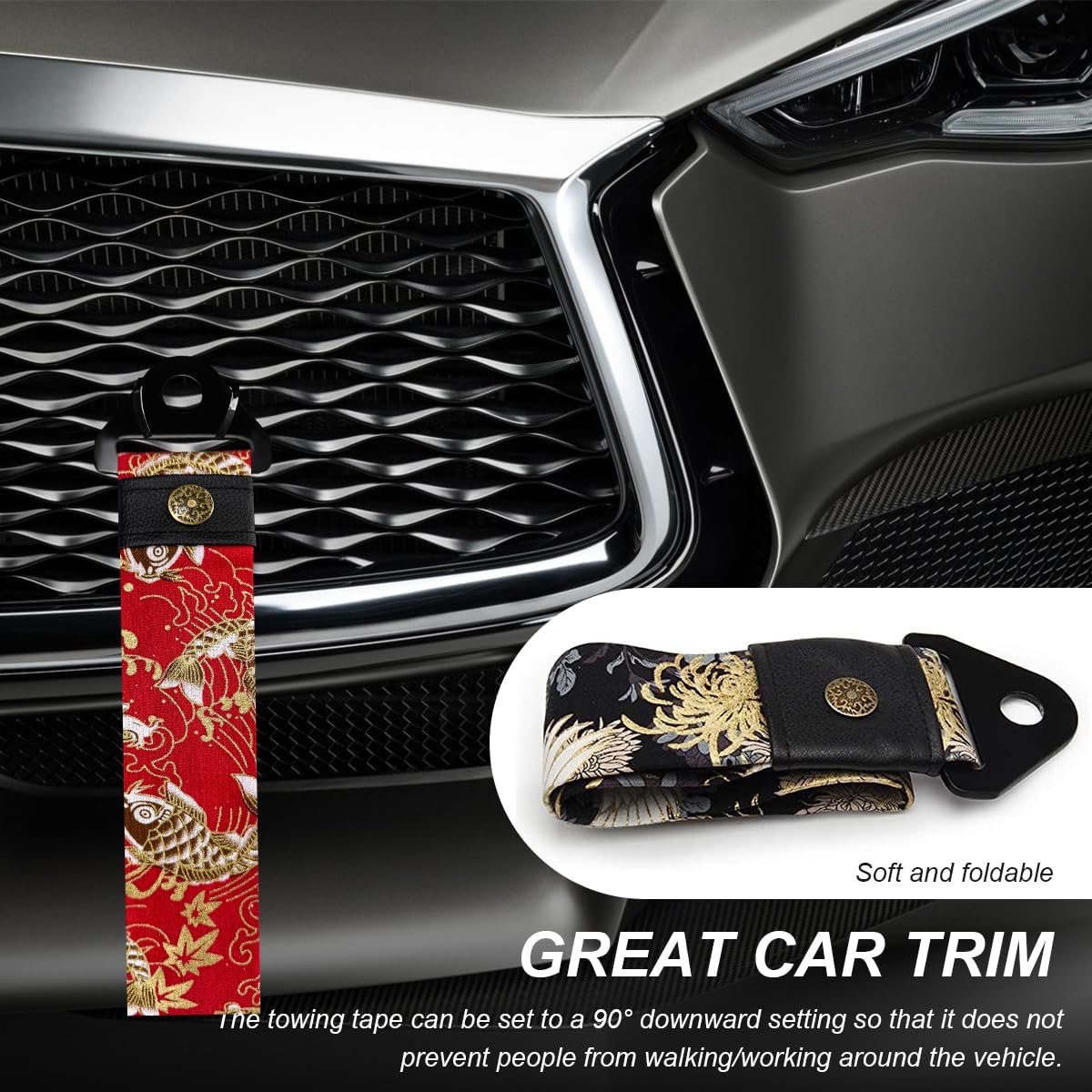 Racing Tow Strap, Stylish JDM Car Bumper Tow Strap Trailer Hook Belt for Decoration, Heavy Duty Nylon Traction Rope Universal Fit for Front or Rear Front Bumper (Black)