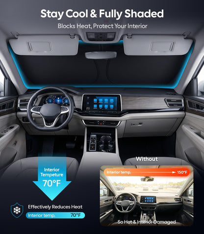Wigoo Tesla New Model Y Accessories Windshield Sunshade [OEM Design, 100% Sun Blockage] Foldable Heat Insulation Sunshade with Storage Bag, for Model Y 2020~2026 (Juniper), Silver Coating - Colors B
