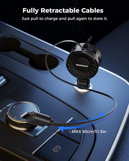 SUPERONE Retractable Car Charger for iPhone with Dual Type C Cables, 4 in 1 USB C Car Charger Adapter with 69W Fast Charging Compatible with iPhone 17 16 15 14 13 12 11 Pro/XS/XR/SE/iPad/Airpods