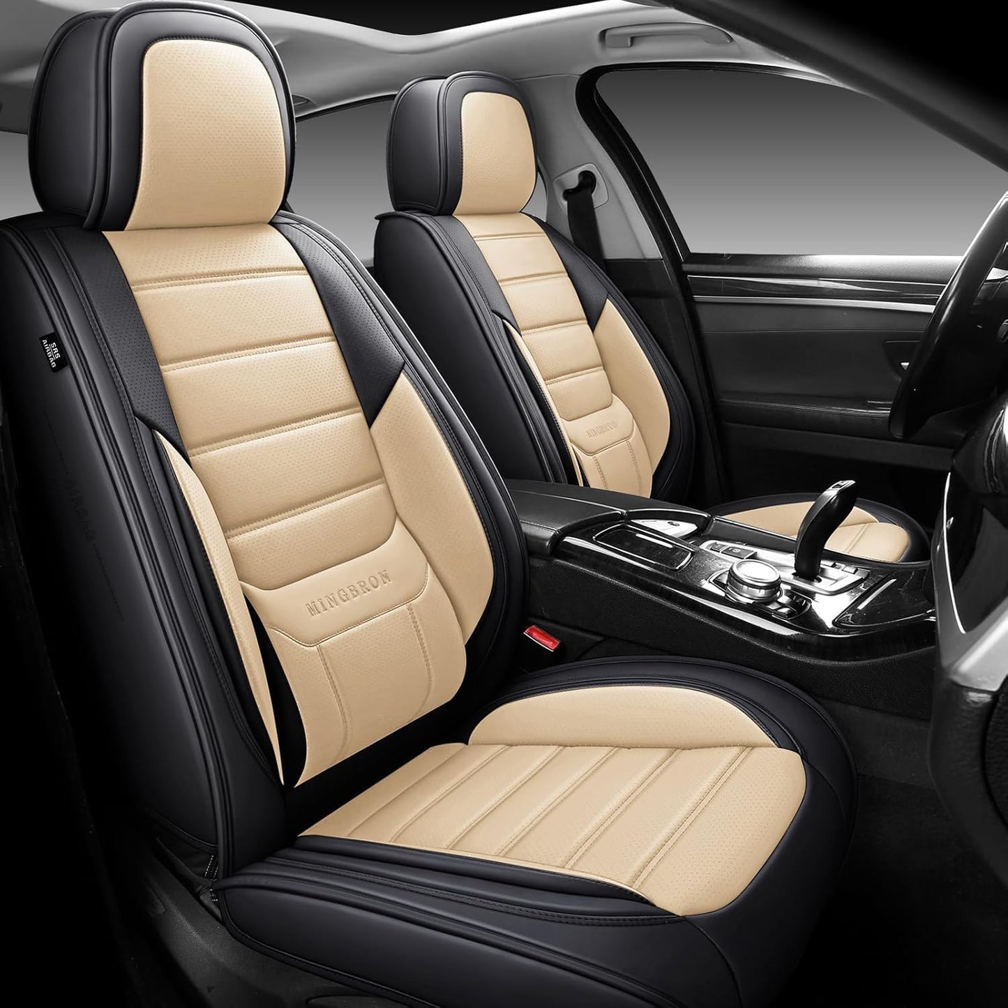 MINGBRON Car Seat Cover Full Set, Leather Car Seat Cover, Waterproof Seat Covers, Car Seat Cushion, Nappa Leather Seat Covers Car Seat Protector Universal Fit Most Cars Black