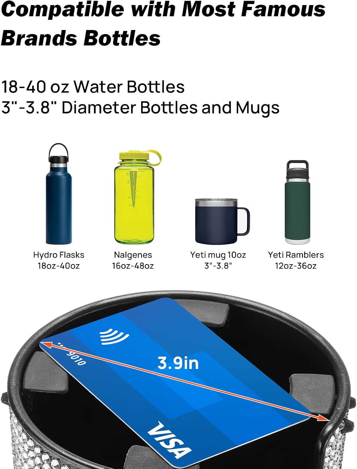 JOYTUTUS Upgraded Car Cup Holder Expander with Offset Base, Fit for YETI, Hydro Flask, Large Cup Holder Expander for Car Hold 18-40 oz Bottles and Mugs, Other Bottles in 3.4"-3.8"(Bling)
