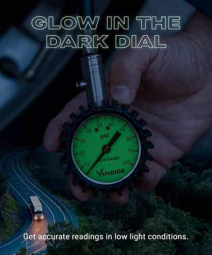 Tire Pressure Gauge - (0-60 PSI) Heavy Duty, Certified ANSI Accurate with Large 2 Inch Easy to Read Glow Dial, Low - High Air Pressure Gauge. Tire Gauge for Car and Trucks Tires by Vondior
