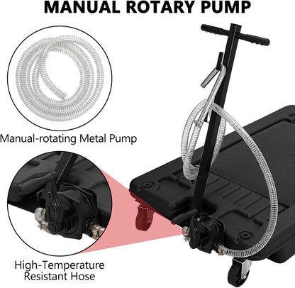 Garvee 20 gal Oil Drain Pan Oil Drain Tank, 76 L Low Profile Oil Drain Pan, Large Capacity Oil Change Pan with Manual Pump & T Foldable Hand and Wheels, 8 ft Hose Oil Drain Cart for Car, SUV, Trucks
