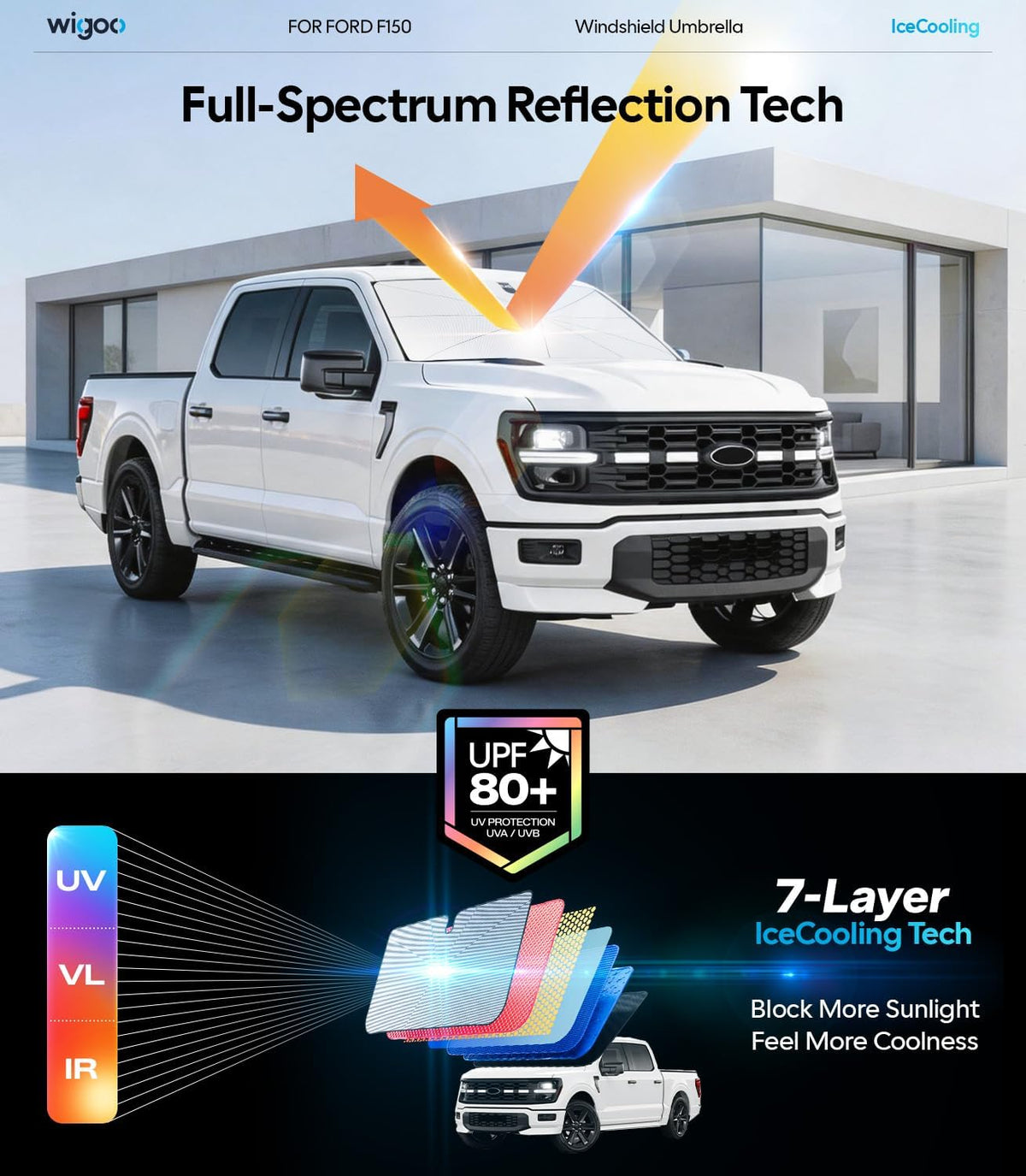 Wigoo Windshield Sun Shade Umbrella, 100% Sun Block, 5th-Gen Ice-Shield Cooling Tech, Reflective Heat Insulation, Portable & Foldable Front Window Sunshade Universal Fit Sedans/SUVs - M: 57"x32"