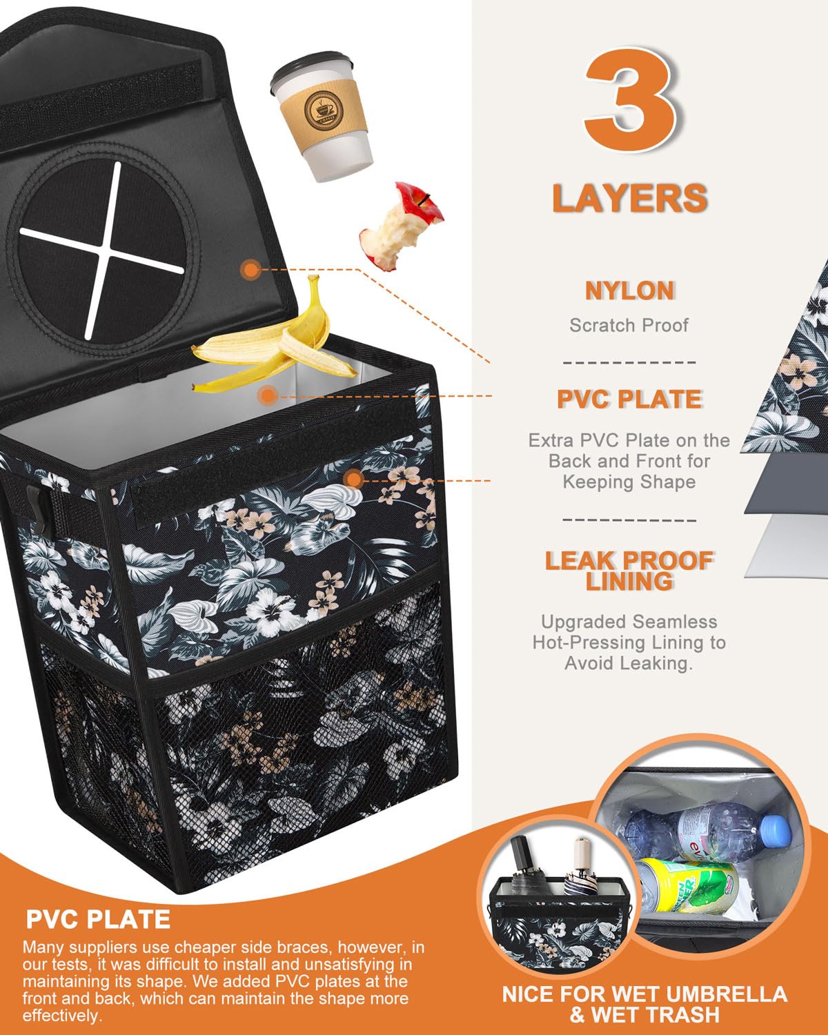 Pritent Car Trash Can with Lid, Cute Leakproof Car Trash Garbage Bag Hanging Vehicle Trash Bin Small Portable Automotive Garbage Cans Organizer for Back/Front Seat/Console(Trapezoid,Black)