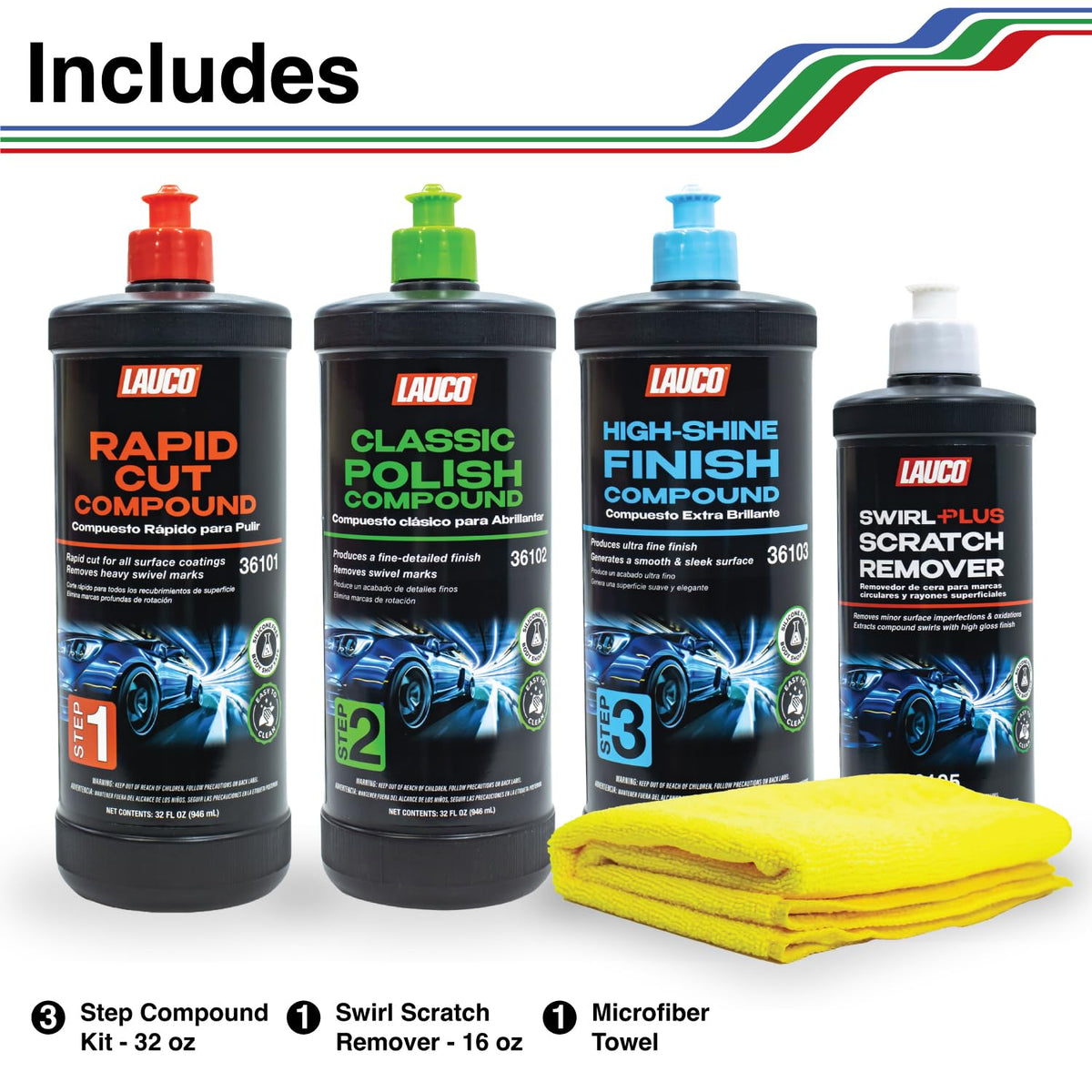 LAUCO Paint Correction Compounds Step 1, 2, 3, Swirl Remover 8oz Kits, with a Towel, Silicone-Free, Clear Coat Safe Scratch Remover, Swirl Correction & High Gloss Finishing
