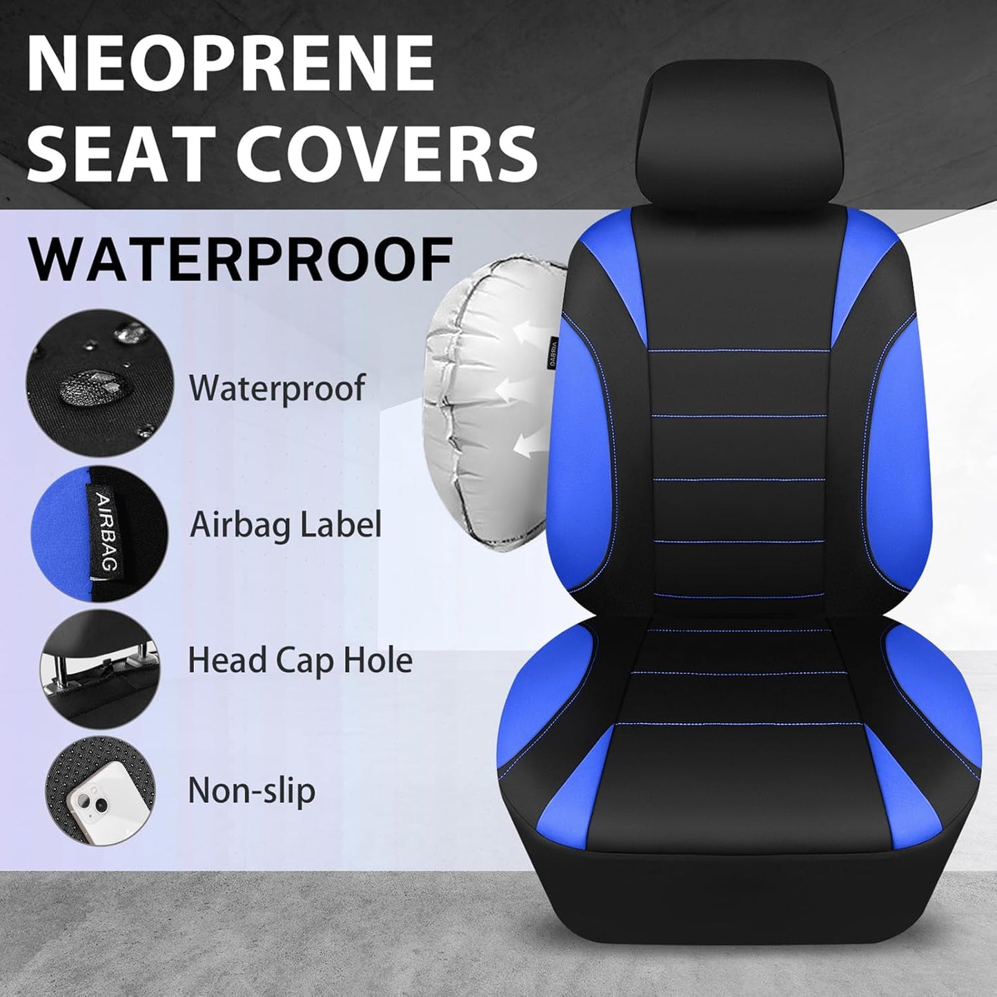 CAR PASS Waterproof Car Seat Covers Front Seats Only with 5mm Composite EVA, Neoprene Car Seat Cover with Separate Headrest Cover, Quick Setup Universal Fit for Car SUV Trucks,Airbag Compatible（Gray