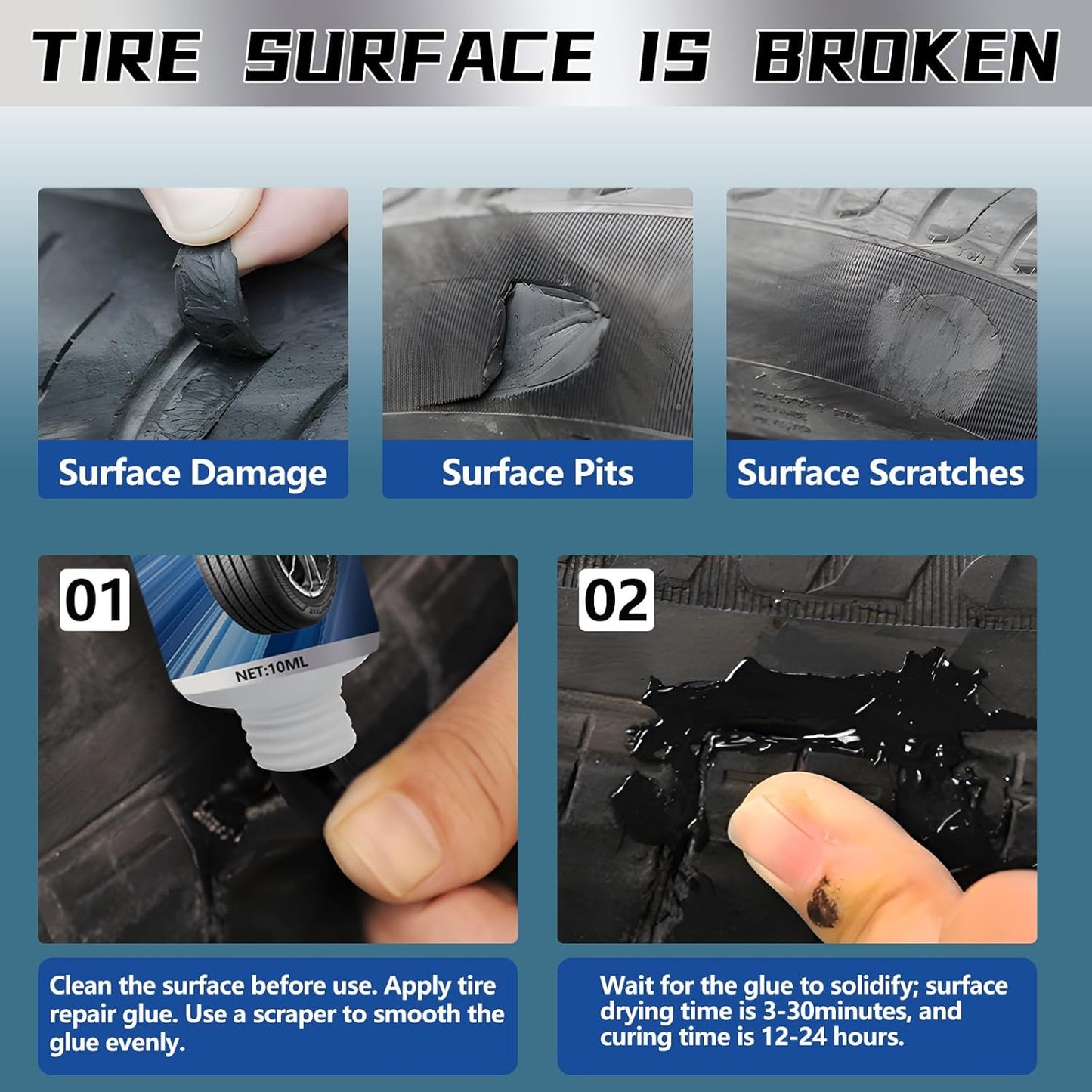 Tire Repair Glue, Rubber Cement for Sidewall Fixes, Suitable for Car, Motorcycle, Bike, Jeep, Off-Road, Truck, Tractor, 20ML, Black