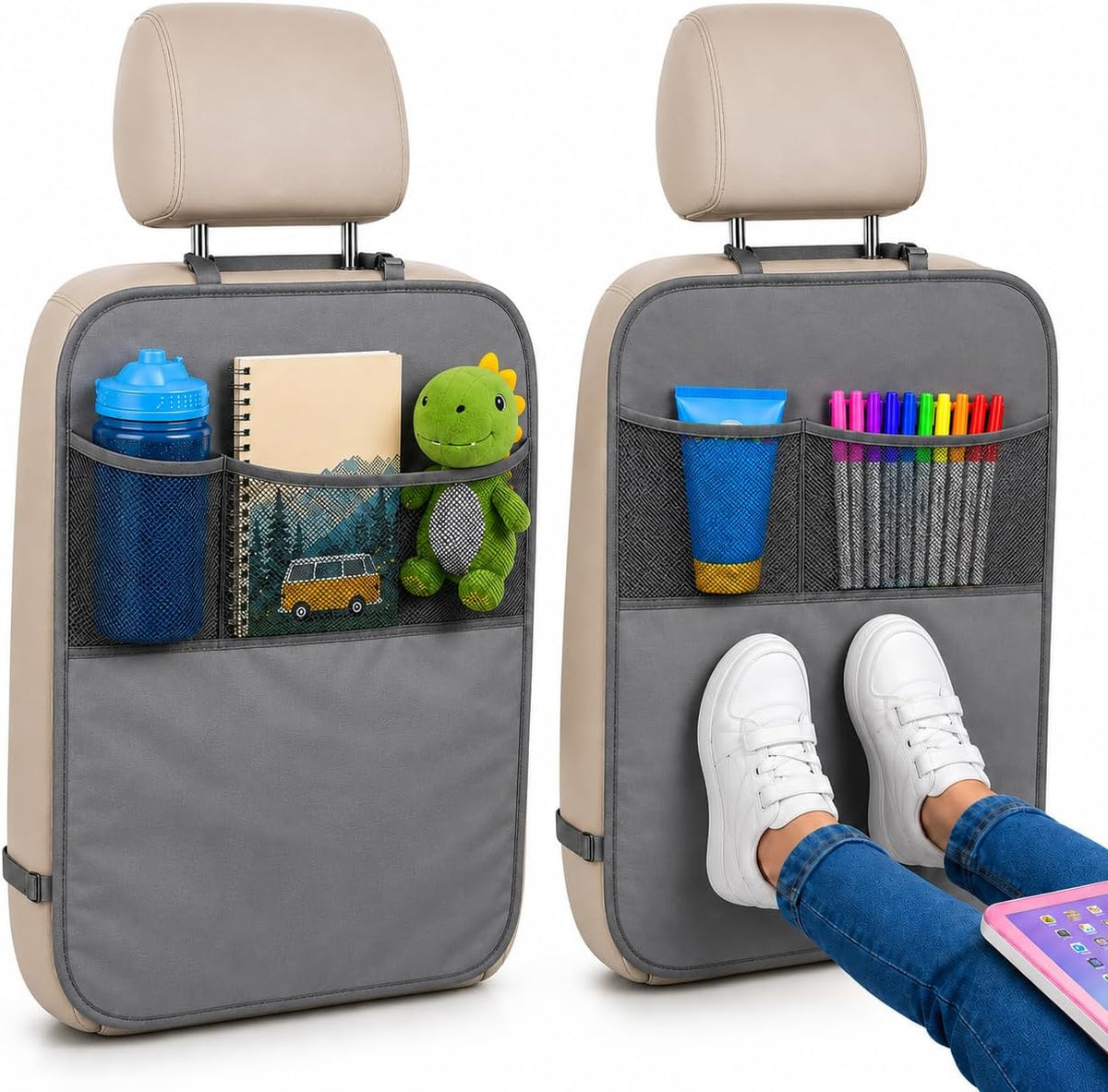 EcoNour Car Kick Mats Back Seat Protector (2 Pack),Car Seat Protector & Backseat Organizer with Storage Pockets for Kids,Waterproof Back Seat Cover for Dirt,Mud & Scratch Protection Travel Accessories