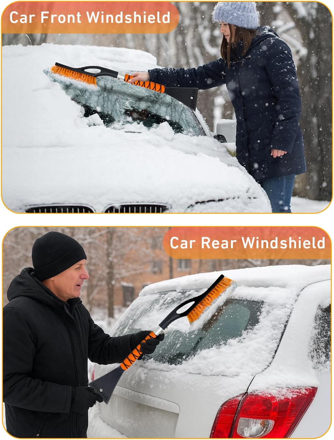 EcoNour 27" Aluminum Ice Scrapers for Car Windshield | Car Snow Scraper Window and Snow Brush with Ergonomic Foam Grip Winter Accessories (Orange)