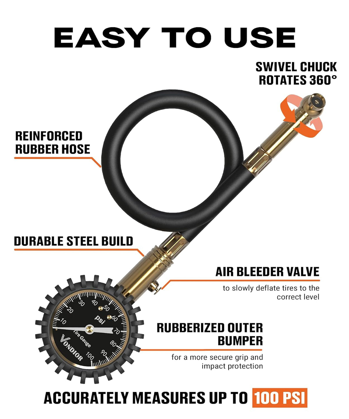 Tire Pressure Gauge - (0-60 PSI) Heavy Duty, Certified ANSI Accurate with Large 2 Inch Easy to Read Glow Dial, Low - High Air Pressure Gauge. Tire Gauge for Car and Trucks Tires by Vondior