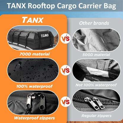 TANX Car Roof Bag - 21 Cubic Feet Rooftop Cargo Carrier, 100% Waterproof for All Cars with/Without Roof Rack, Includes Anti-Slip Mat, 12 Reinforced Straps, 6 Door Hooks, Luggage Lock & Storage Bag