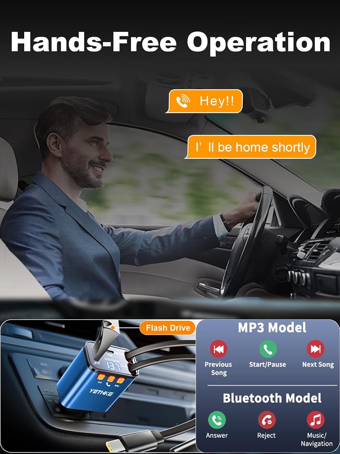 Bluetooth Car Adapter with Retractable Charger, FM Transmitter Bluetooth 5.4 for Cars, 4 in 1 Fast Car Phone Charger 69W, Handsfree Call, 2*Retractable Cable for iPhone 17/16/15/14, Galaxy-Black