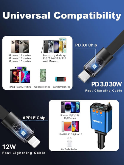 Bluetooth Car Adapter with Retractable Charger, FM Transmitter Bluetooth 5.4 for Cars, 4 in 1 Fast Car Phone Charger 69W, Handsfree Call, 2*Retractable Cable for iPhone 17/16/15/14, Galaxy-Black