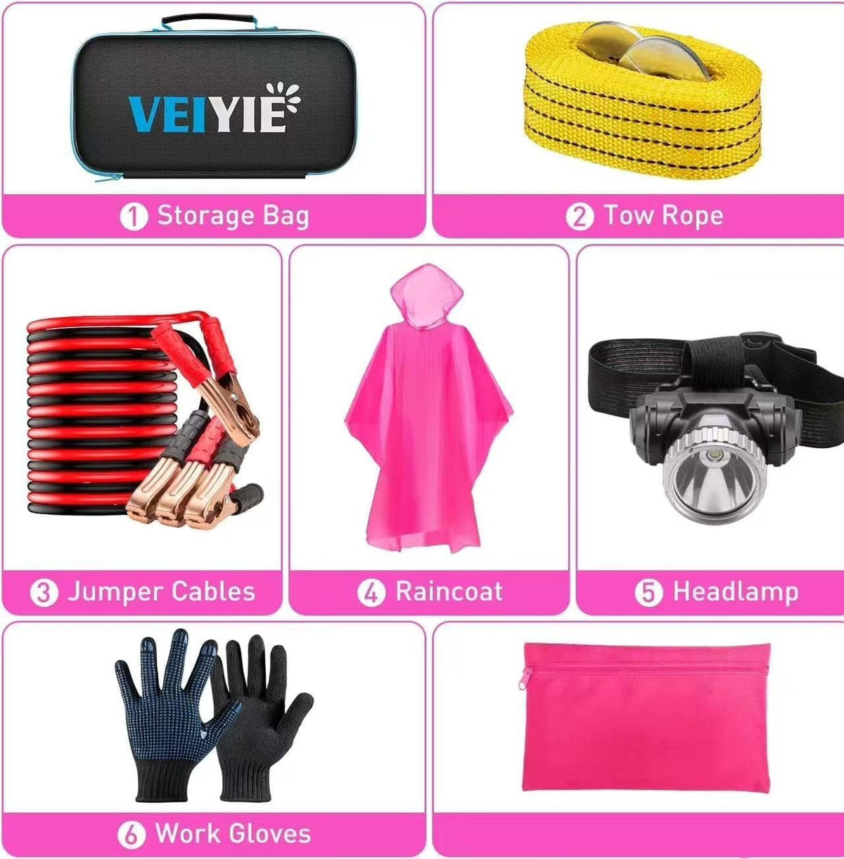 Roadside Car Emergency Kit, Winter Car Safety Kit with 10FT Jumper Cables, Tow Strap, Tool Kit, Reflective Warning Triangle, Road Trip Essentials, for New Drivers, Teens