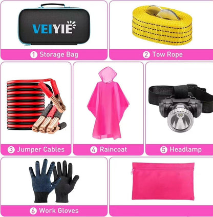 Roadside Car Emergency Kit, Winter Car Safety Kit with 10FT Jumper Cables, Tow Strap, Tool Kit, Reflective Warning Triangle, Road Trip Essentials, for New Drivers, Teens