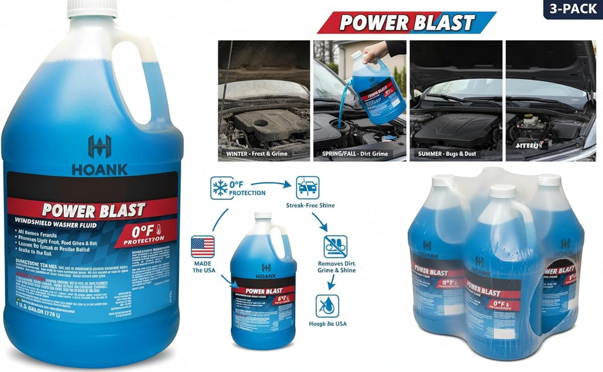 (6 Gallons) - Power Blast Windshield Washer Fluid, -20°F Protection, Blue, 1 Gallon Jug, Ready to Use (6 GALLONS, Blue Power Blast -20°F)