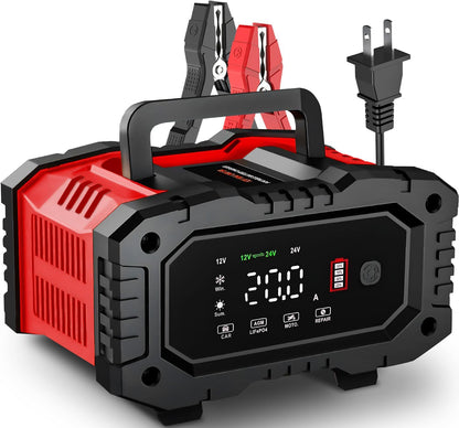 20-Amp Car Battery Charger, 12V/20A and 24V/10A LiFePO4,Lead-Acid(AGM/Gel/SLA) Automatic Smart Trickle Charger Maintainer,Desulfator, 300W Fast Charging for Automotive Truck Motorcycle Lawn Mower Boat