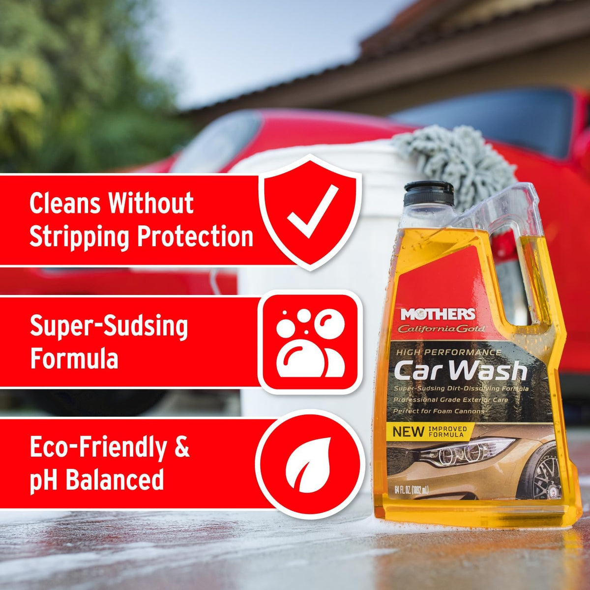 Mothers California Gold High Performance Car Wash, 64 oz. — pH Balanced, Eco-Friendly, Super-Sudsy, Foam Cannon, Safely Cleans Without Stripping Wax, Sealant or Coating, Removes Dirt & Grime (05664)