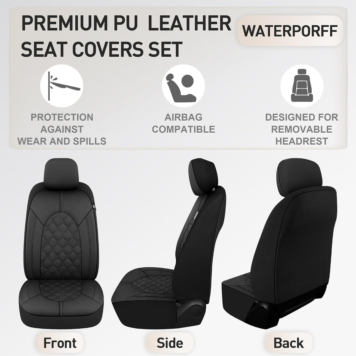 CAROMOP Luxury PU Leather Car Seat Covers Full Set-Waterproof Seat Protectors with Split Bench Seat Covers for Cars-Universal Cars Interior Covers for Sedans, SUVs, Pick-up Trucks(Gray/Gray Line)