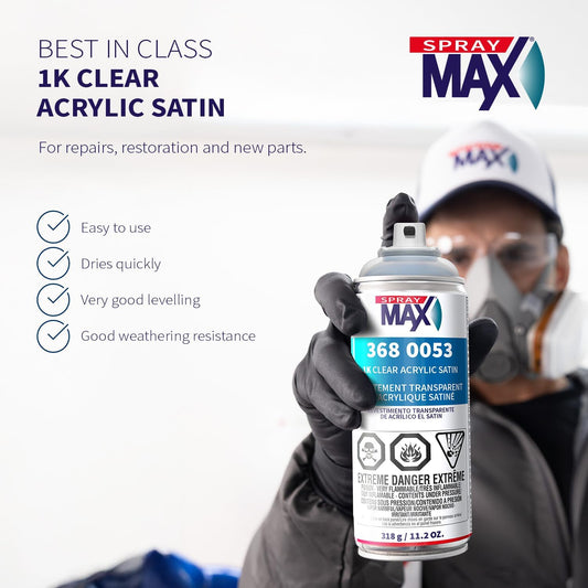 SprayMax 1K Acrylic Satin Clear Coat | Fast-Drying Clear Satin Spray Paint for Cars, Wheels & Metal | Smooth Semi-Gloss Finish, Scratch & Weather Resistant | Professional Grade 11.2 oz