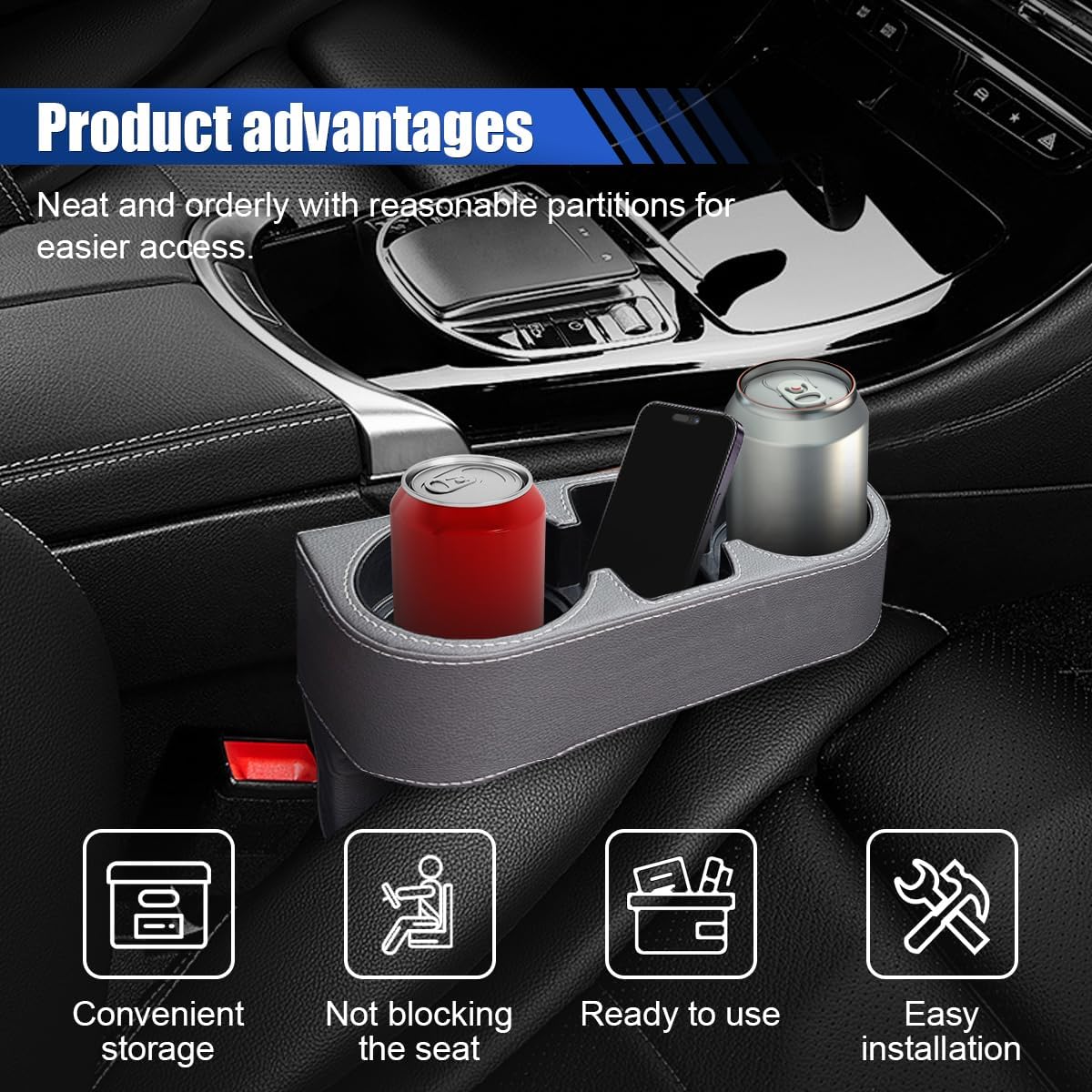 Car Cup Holder, Auto Front Seat Organizer, Multifunctional Cup Drink Holders with PU Leather Cover, Gap Filler Storage Box Coin Bucket Console Side Pocket Cell Mobile Phone Holder (Black)