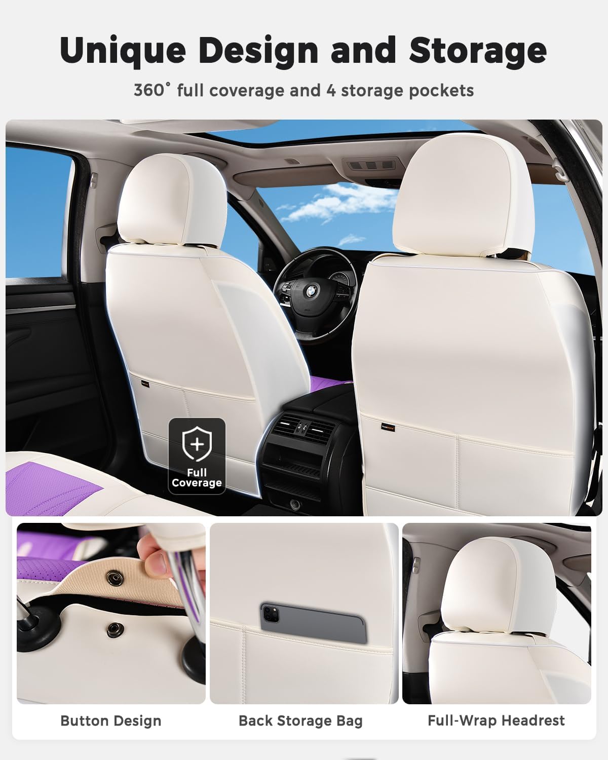 Huidasource Coffee Seat Covers Full Set, Universal Fit for Most Cars Trucks SUV, Full Coverage Leather Seat Cover, Airbag, Cupholder Compatible, Velcro Adjustable, Heaating/Cooling Function Retain