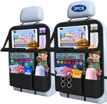 Car Backseat Organizer with table Tray(1Pack) 9 Storage Pockets Backseat Car Organizer with Tablet Holder, Back seat Organizer for Kids Road Trip Essentials Travel