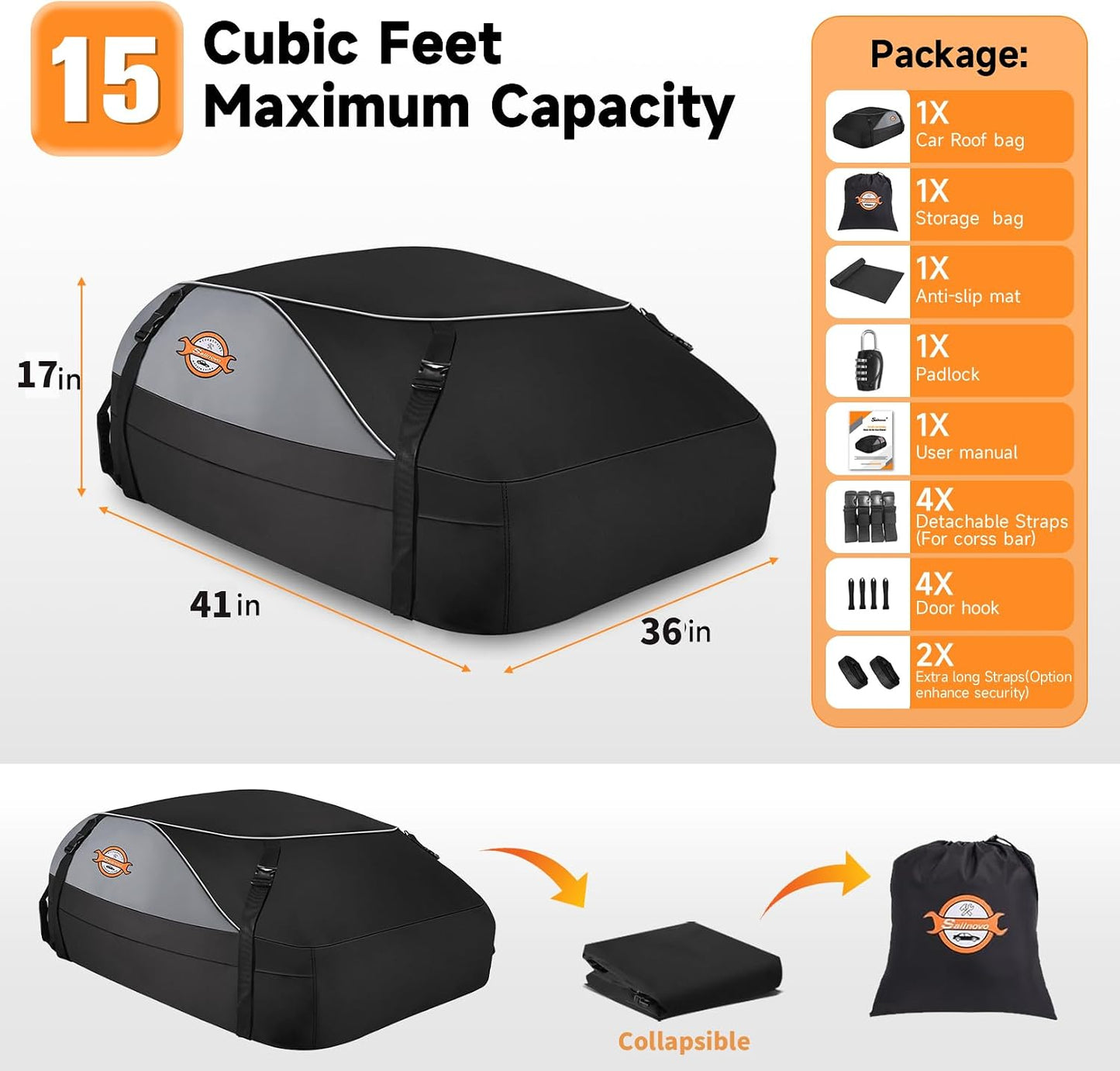 Sailnovo Rooftop Cargo Carrier Roof Bag, 20 Cubic feet Soft Waterproof Car Roof Bag fit Cars with/Without Rack, 6 Tie-Down Straps, 6 Door Hooks, Foldable Car Top Carrier for Road Trip Camping Travel