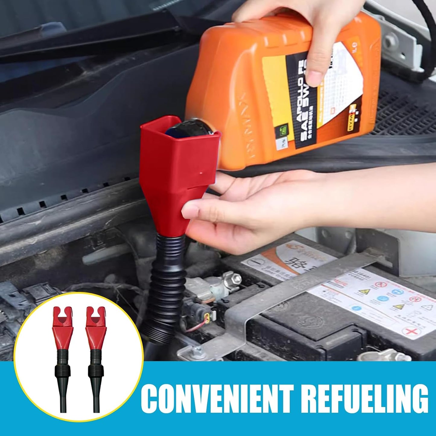 Flexible Car Fuel Funnel, Retractable Plastic Automotive Oil Exchange Funnels, Foldable Clasp Gasoline Funnels, Universal Draining Tool for Cars and Motorcycles (Red)