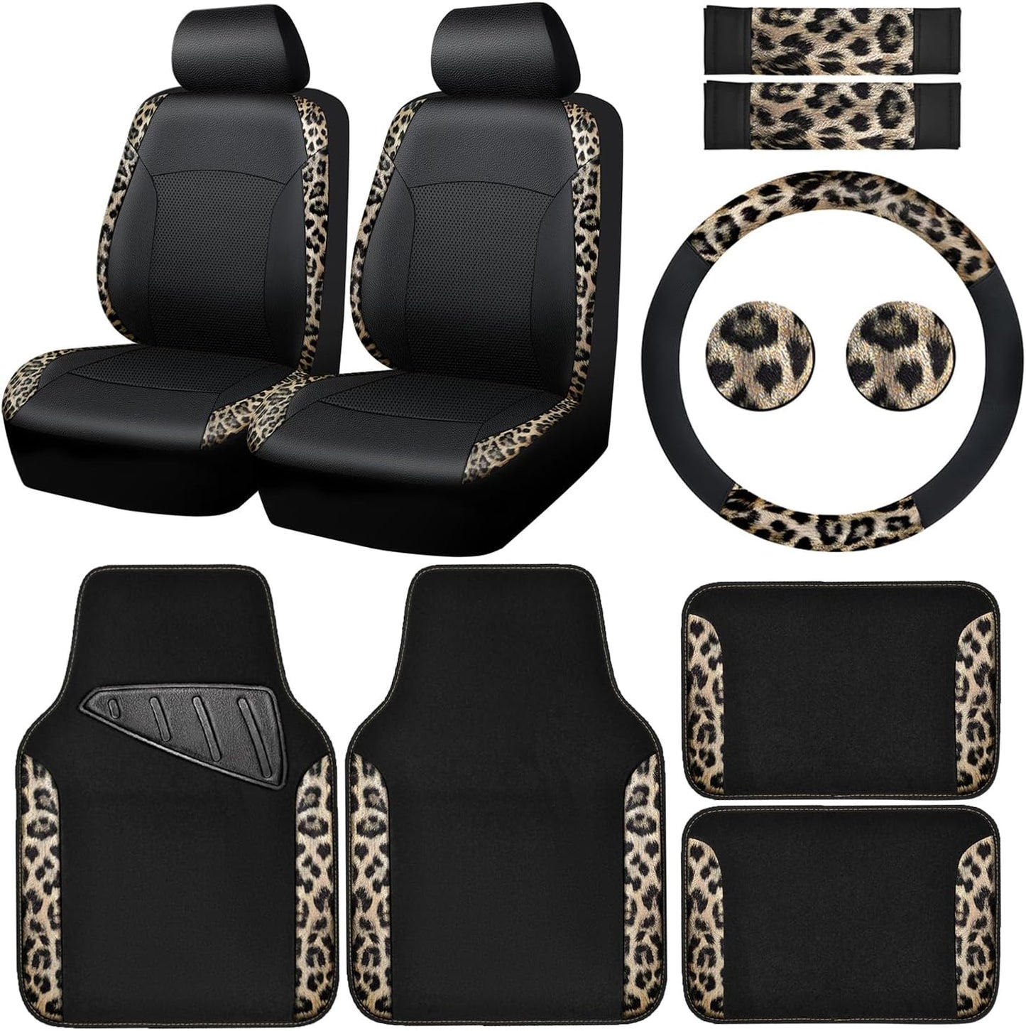 CAR PASS Waterproof Universal Car Floor Mats, Leopard Print Car Mats Fit for SUV,Vans,sedans, Trucks,Set of 4pcs Car Carpet with Driver Heel Pad and Nibs Backing, Leopard Car Accessories Gray Leopard