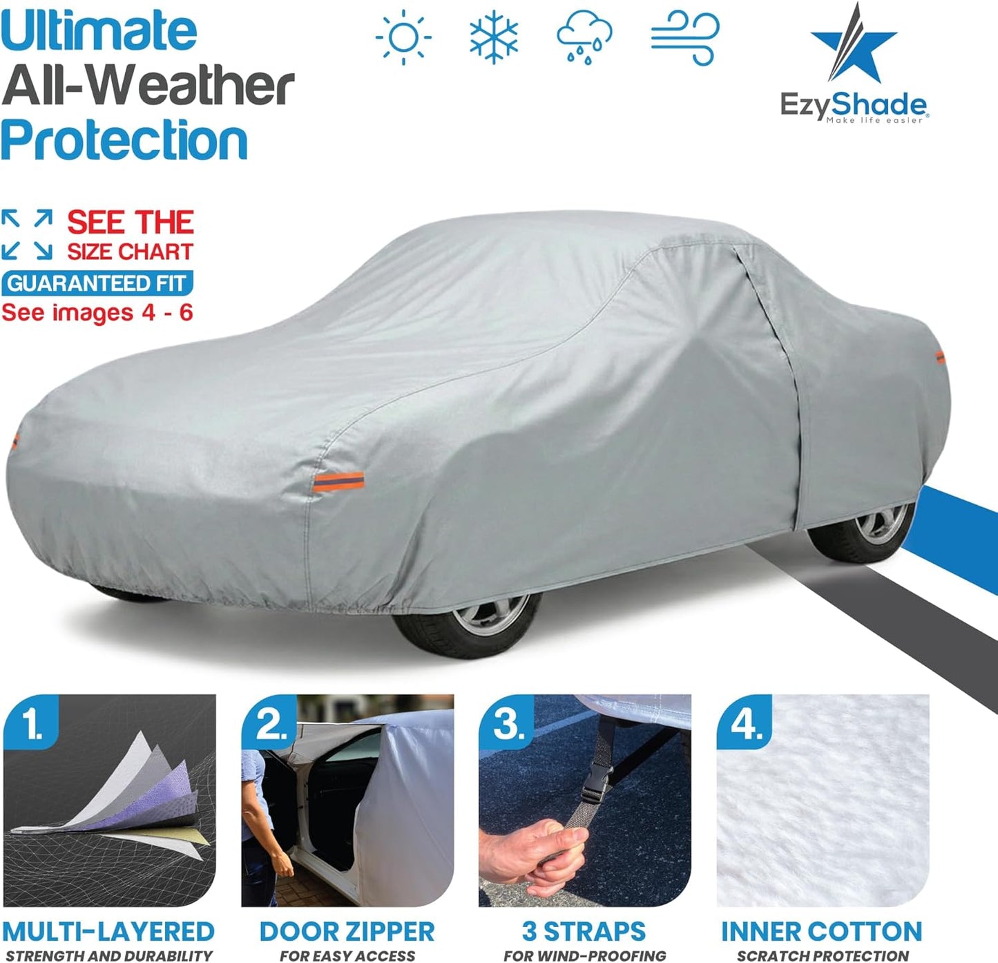 EzyShade 10-Layer Car Cover Waterproof All Weather - See Vehicle Size-Chart - Car Covers for Automobiles & Car Snow Cover - Full Exterior Covers - Winter Rain Sun SUV Sedan. Size A4 (See SizeChart)