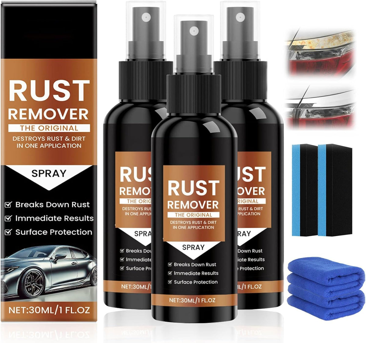 Rust Remover Spray Heavy Duty Metal Cleaner, Upgrade Rust Remover for Metal, Multipurpose Rust Stain Remover Spray, Iron Remover Car Detailing,Heavy Duty Rust Dissolver for Metal (30ML*3Pcs)