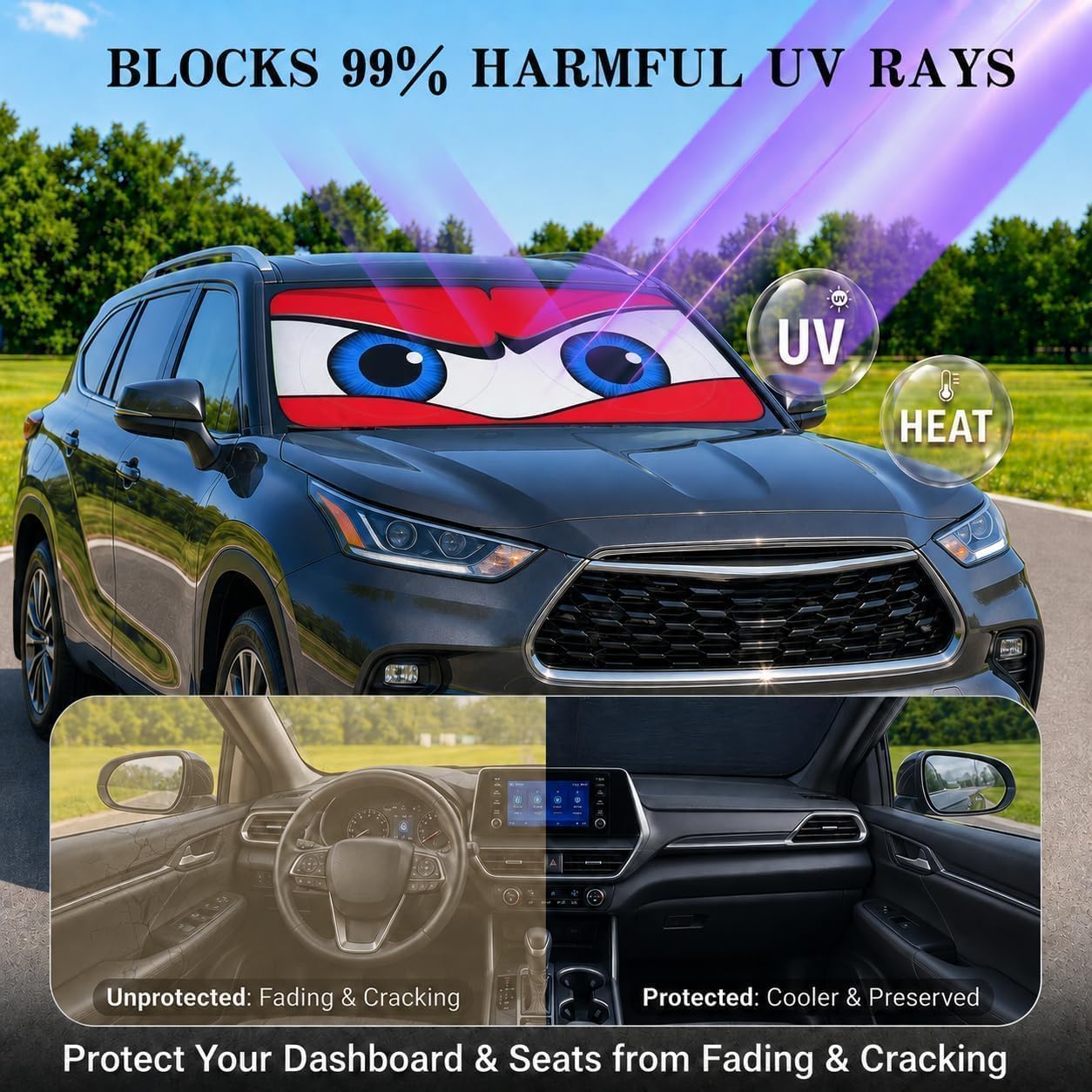 Car Windshield Sun Shade, Funny Cartoon Eyes Sun Visor for Car Windshield Universal Fits Sedan Compact Car Hatchback SUV, UV Heat Protection - 59 x 27.5