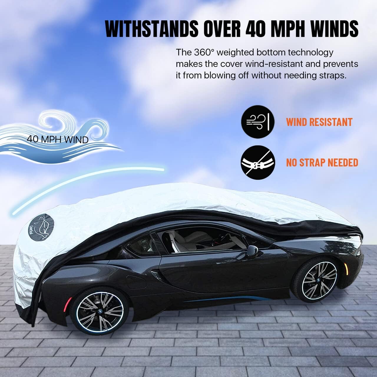 Heavy Duty Outdoor Car Cover with Patented Weighted Ground Conforming Apron Seal – Wind Resistant, Dust, & Water Protection for Automobiles - Sports Size 189 L x 75 W x 67 H inch Max