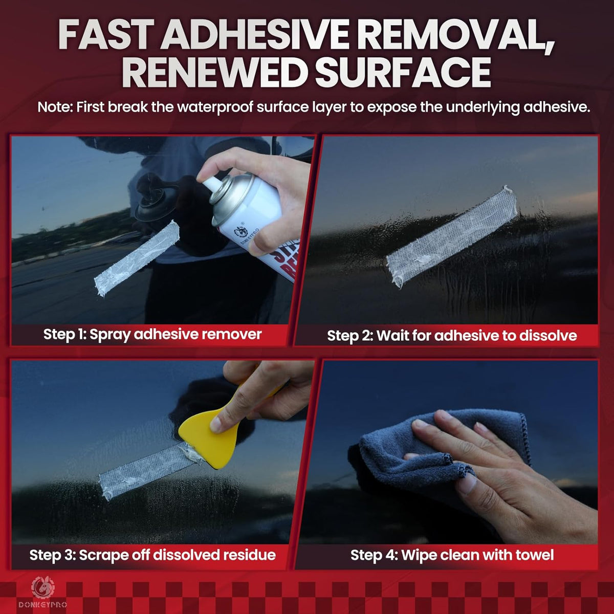 DONKEYPRO Tree Sap Remover for Car -15 fl.oz Sticker Remover Spray with Scraper, Quickly Dissolves Sticky Residue, Glue, Tape, Labels, Decals, Bug, Insect Residue, Tar, Wax on Paint & Glass