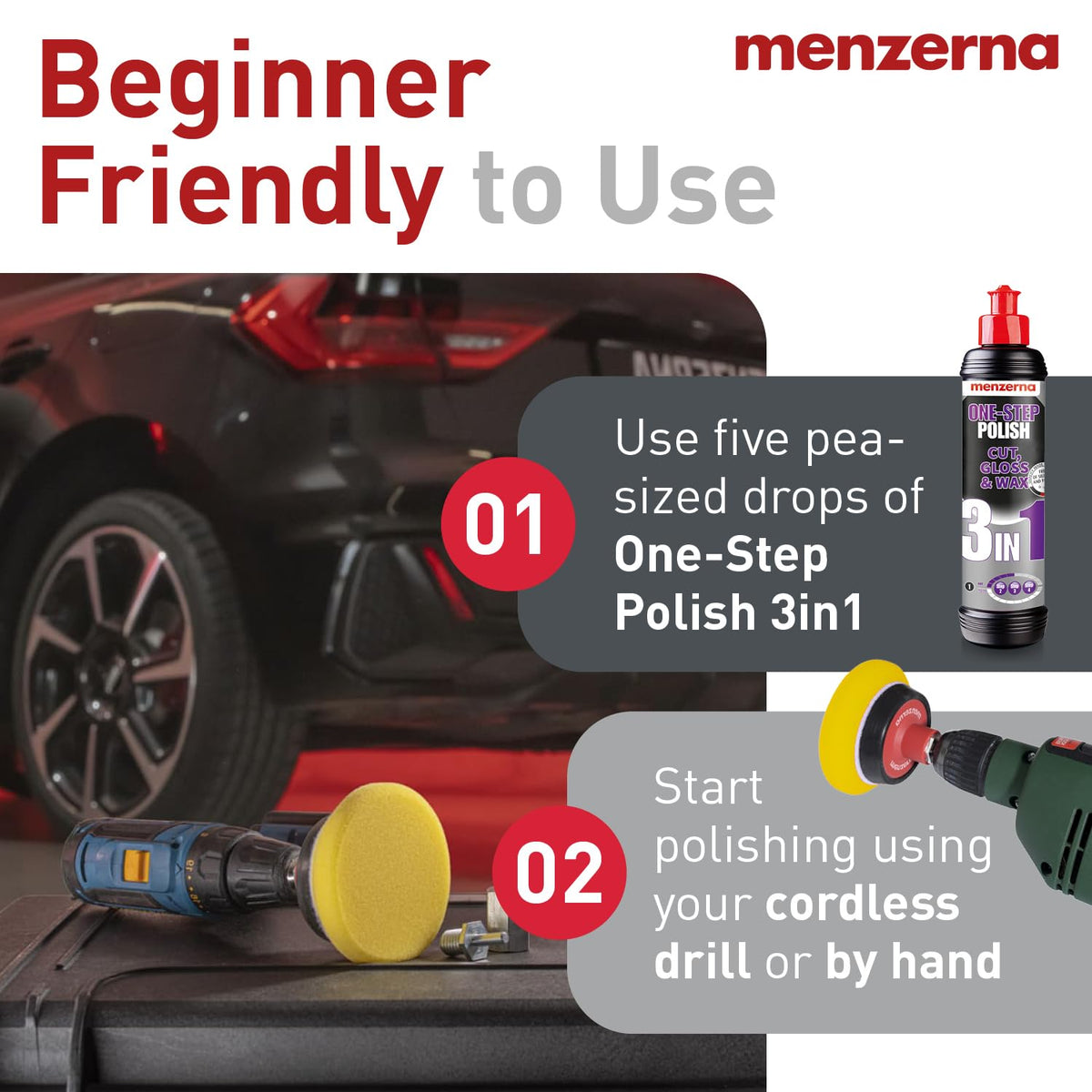 menzerna One-Step Polish 3in1 I Medium Cut Polish with High Gloss Finish & Seal in One I Buffing & Polishing Compound for Car Maintenance I Swirls, Holograms & Scratches I Car Body Repair I 8 fl oz.
