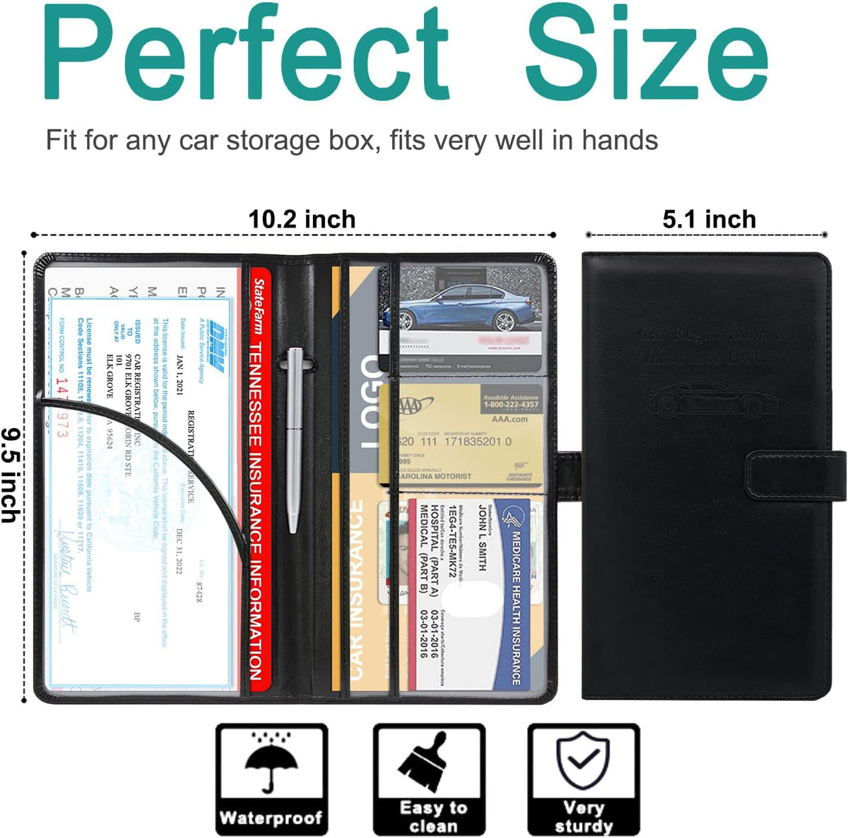 RSAquar Car Registration and Insurance Holder, Vehicle Glove Box Organizer Cool Car Accessories, Auto Truck Document Holder for Cards, Driver License, Black Glitter