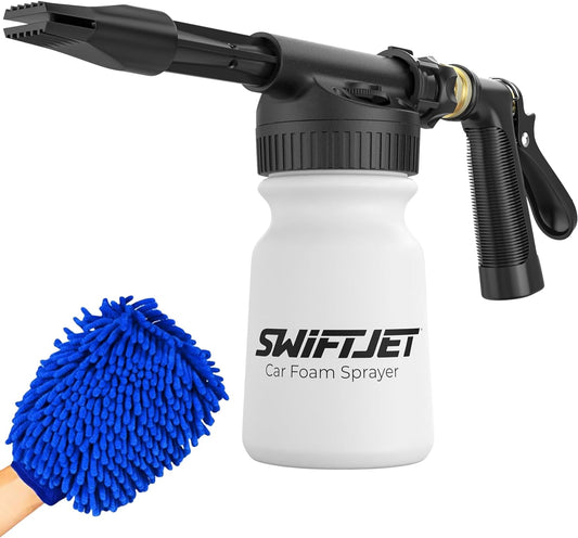 SwiftJet Car Wash Foam Gun + Microfiber Wash Mitt - Foam Cannon Works with Any Soap - Garden Hose Car Foam Sprayer - Car Wash Kit - Car Accessories Foam Blaster (Orange Foam Gun with Mitt)