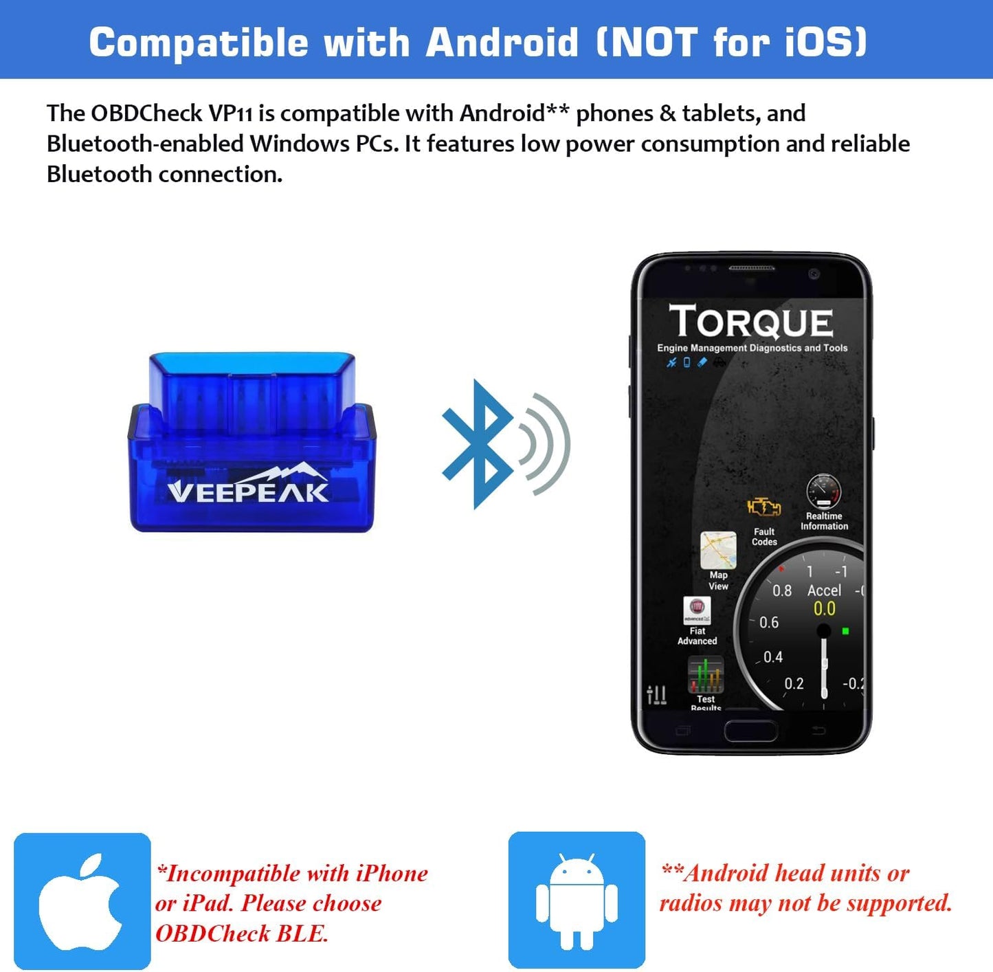 Veepeak Mini Bluetooth OBD2 Scanner Code Reader for Android (NOT for iOS) | Incompatible with iPhone or iPad. Check engine light diagnostics & live data for Android. Supports Torque & Car Scanner App.