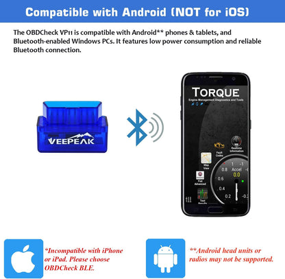 Veepeak Mini Bluetooth OBD2 Scanner Code Reader for Android (NOT for iOS) | Incompatible with iPhone or iPad. Check engine light diagnostics & live data for Android. Supports Torque & Car Scanner App.