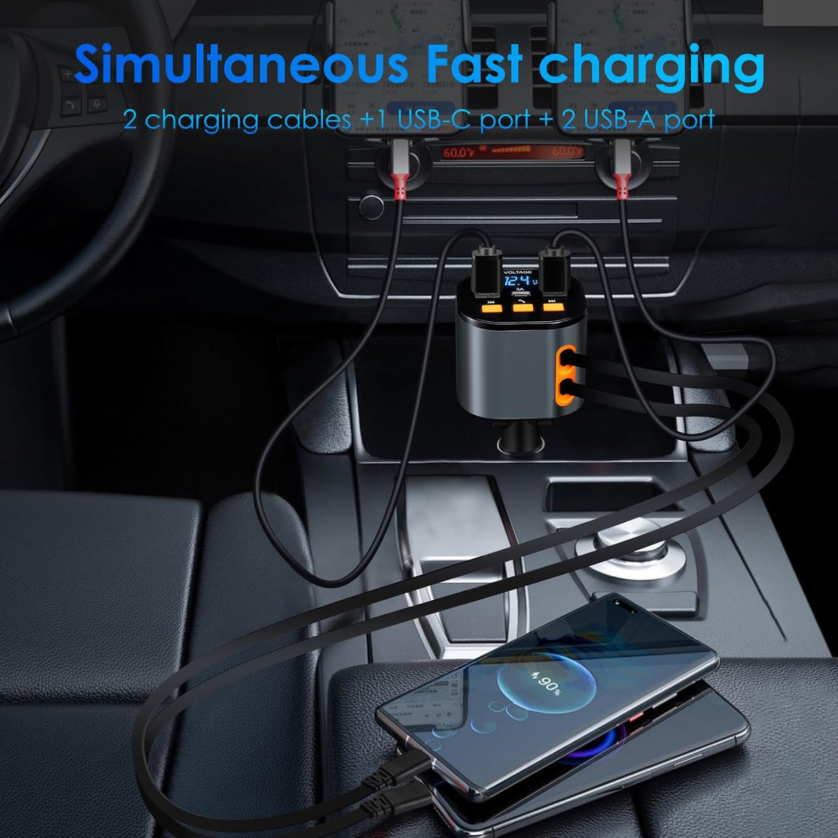 Retractable Car Charger,5 in 1 Fast Cars Phone Charger 90W,Bluetooth 5.3 FM Transmitter Adapter,Handsfree Call,2 Retractable Cables and USB Chargers for iPhone17/16 15/14/13
