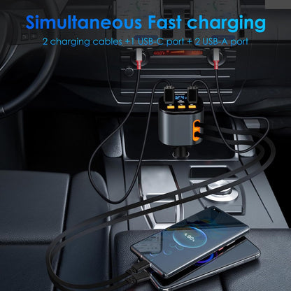 Retractable Car Charger,5 in 1 Fast Cars Phone Charger 90W,Bluetooth 5.3 FM Transmitter Adapter,Handsfree Call,2 Retractable Cables and USB Chargers for iPhone17/16 15/14/13