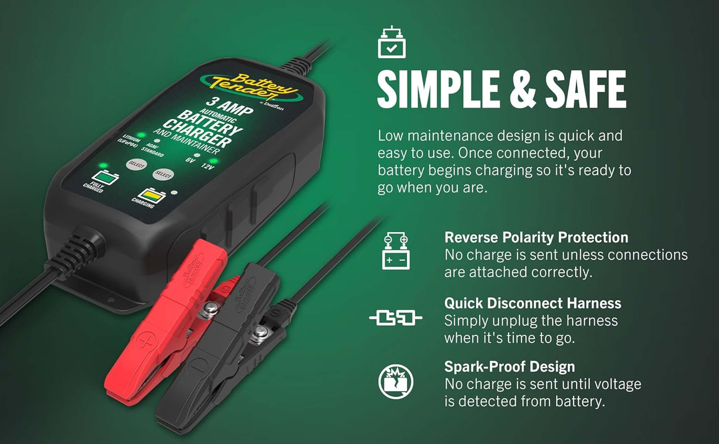Battery Tender 3 AMP Battery Charger and Maintainer - Automotive Switchable 12V or 6V Smart Automatic for Cars SUVs and Trucks - Lead Acid, AGM, Gel, & Lithium Battery Charger - 022-0202-COS