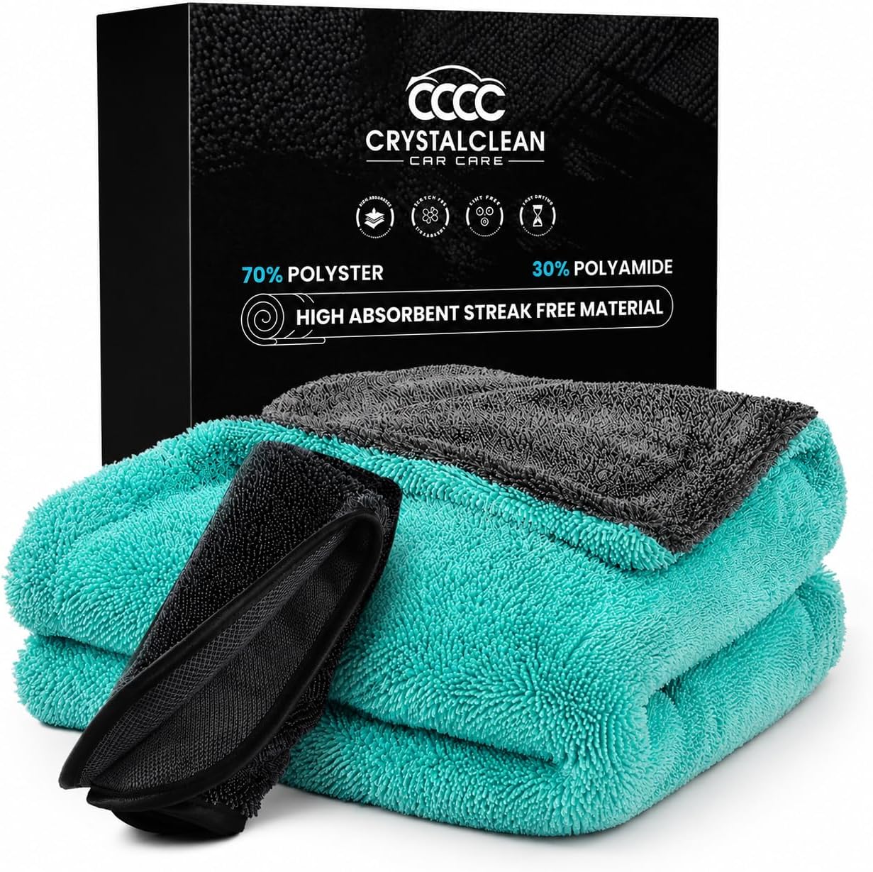 Crystal Clean 1300GSM Car Drying Towel - XL (24x36) Microfiber Towels for Cars with Double Twisted Loop, Professional Detailing Towel for Car Detailers - Quick Dry, Paint Safe & Swirl-Free