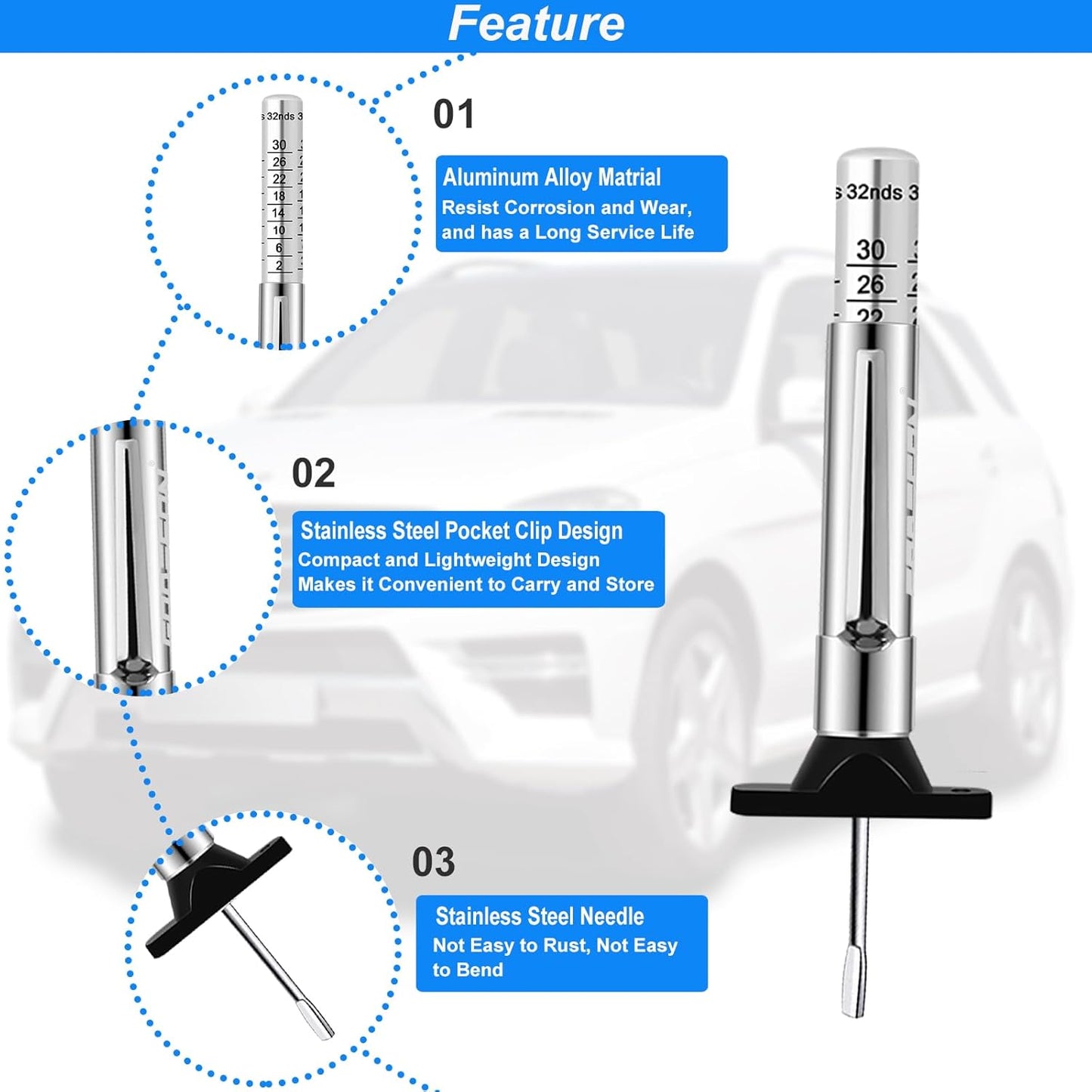 GODESON Tire Tread Depth Gauge,Metal Tread Depth Gauge with Clip,Tire Depth Gauge 32nds for car, Truck, Vehicle, Motocycler etc(Pack of 2)