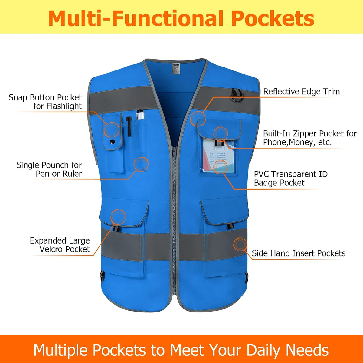 TCCFCCT Safety Vest for Men Women 9 Pockets High Visibility Vest for Safety, Reflective Work Vest with Reflective Strips, Meets ANSI/ISEA Standards, (Yellow, Large)